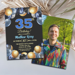 Elegant Blue Silver Gold 35th Birthday Photo Invitation
