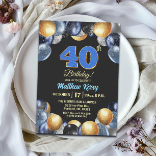 Elegant Blue Silver Gold 40th Birthday Party Invitation