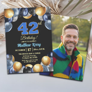 Elegant Blue Silver Gold 42nd Birthday Photo Invitation