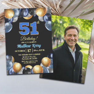 Elegant Blue Silver Gold 51st Birthday Photo Invitation