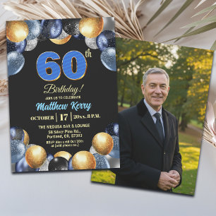 Elegant Blue Silver Gold 60th Birthday Photo Invitation