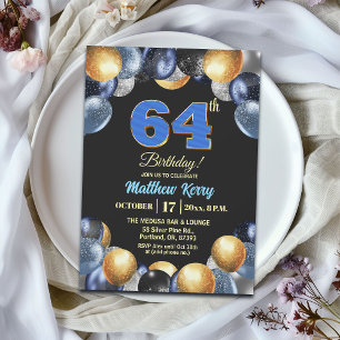 Elegant Blue Silver Gold 64th Birthday Party Invitation