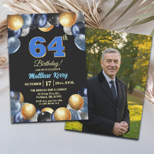 Elegant Blue Silver Gold 64th Birthday Photo Invitation