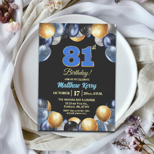 Elegant Blue Silver Gold 81st Birthday Party Invitation