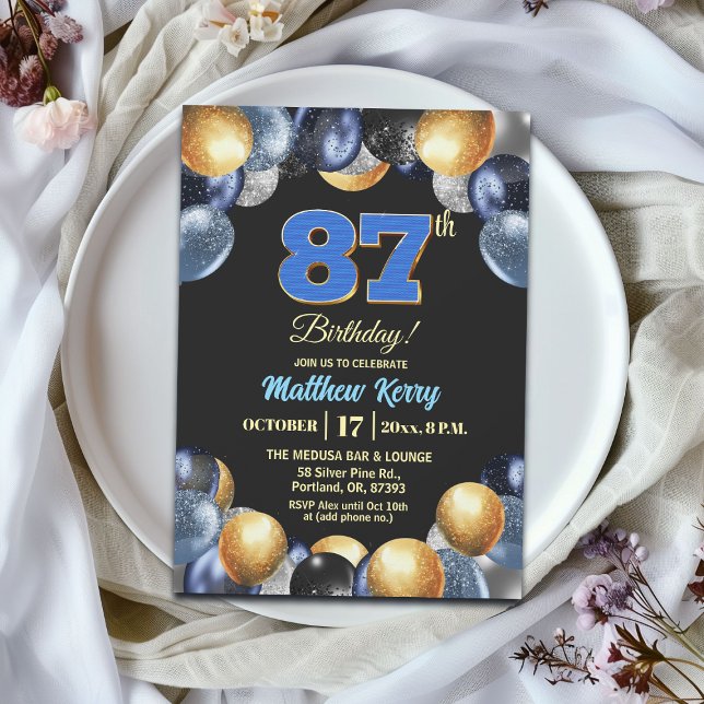 Elegant Blue Silver Gold 87th Birthday Party  Invitation (Creator Uploaded)