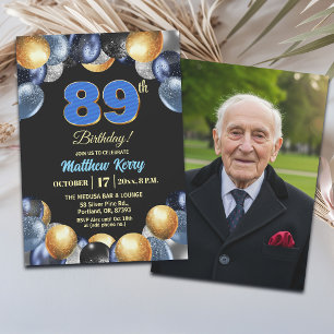 Elegant Blue Silver Gold 89th Birthday Photo  Invitation