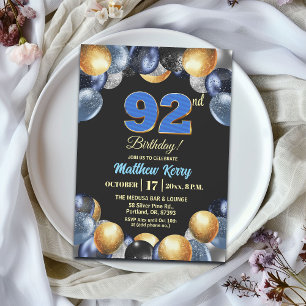 Elegant Blue Silver Gold 92nd Birthday Party Invitation