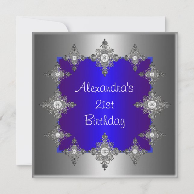 Elegant Blue Silver Jewel Frame Birthday Invitation (Front)