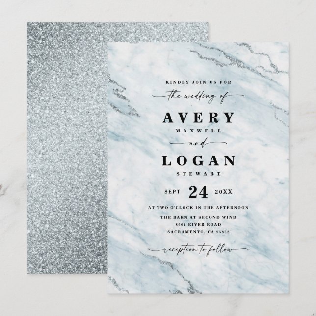 Elegant Blue & Silver Marble & Glitter Wedding Invitation (Front/Back)
