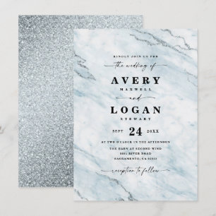 Elegant Blue & Silver Marble & Glitter Wedding Invitation