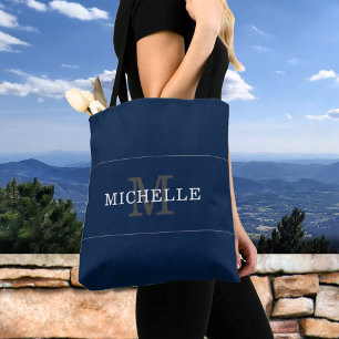 Elegant Blue Silver Monogram Name Personalized Tote Bag