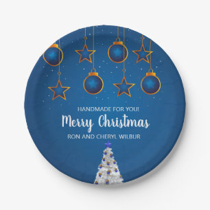 Elegant Blue Silver Ornament Corporate Holiday Paper Plate