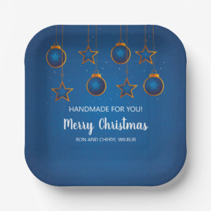 Elegant Blue Silver Ornament Corporate Holiday Paper Plate