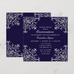Elegant Blue Silver Ornate Floral Quinceañera Invitation