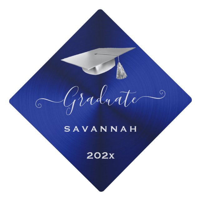 Elegant Blue Silver Personalized Graduation Cap Topper (Front)
