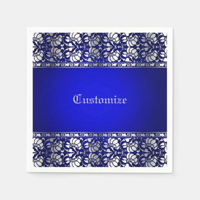 Elegant Blue & Silver Personalized Napkin (Front)