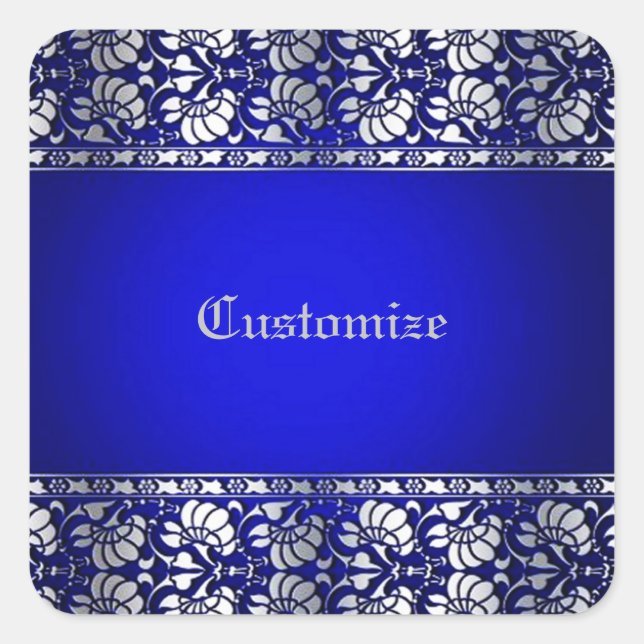 Elegant Blue & Silver Personalized Square Sticker (Front)