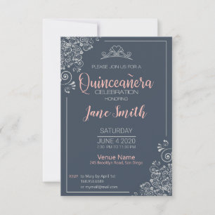 Elegant blue silver quinceanera floral invitation
