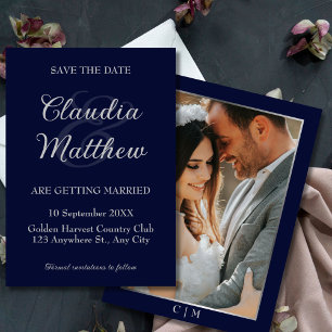 Elegant Blue & Silver Script Photo Wedding Save The Date