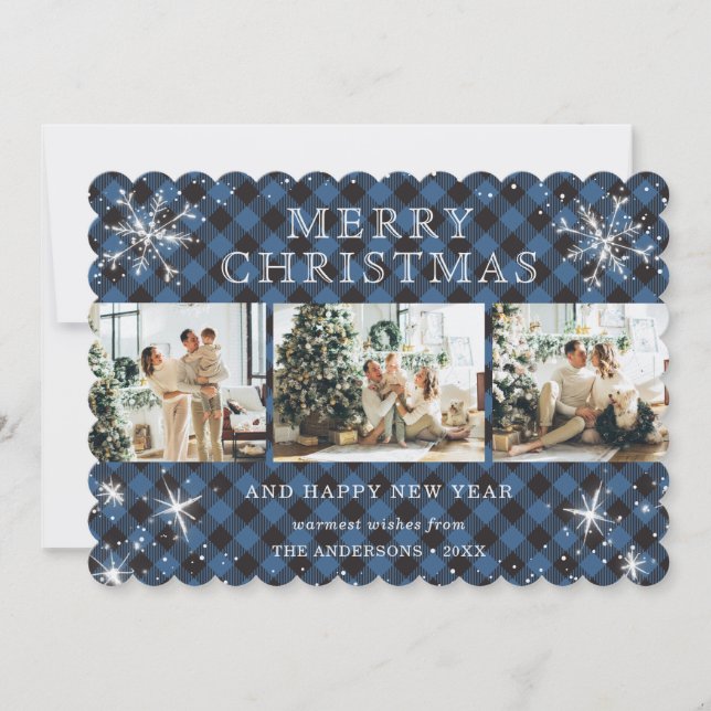Elegant Blue Silver Snowflake 3 Photo Collage Holiday Card (Front)