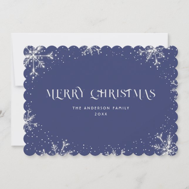 Elegant Blue Silver Snowflake Merry Christmas Card (Front)