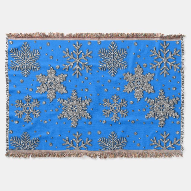 Elegant blue silver snowflakes throw blanket (Front)