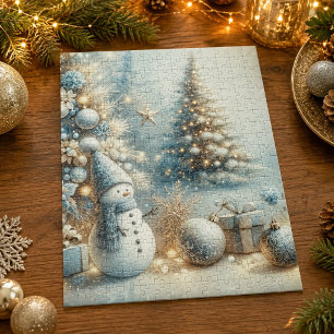 Elegant Blue Silver Snowman Christmas Jigsaw Puzzle