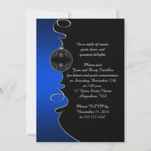 Elegant Blue Silver Swirls Black Christmas Party Invitation