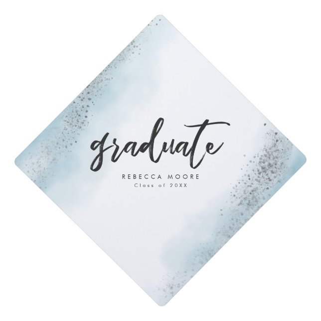 Elegant Blue Silver Watercolor Graduate Custom Graduation Cap Topper (Front)