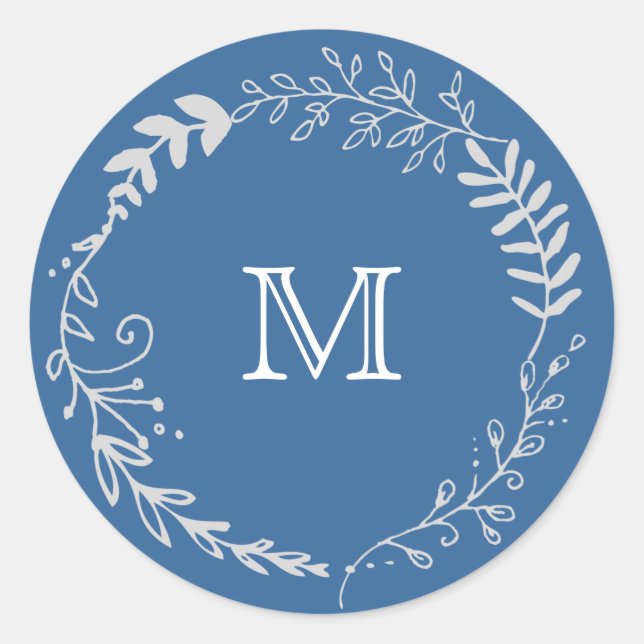 Elegant Blue & Silver Wreath Monochromatic Wedding Classic Round Sticker (Front)