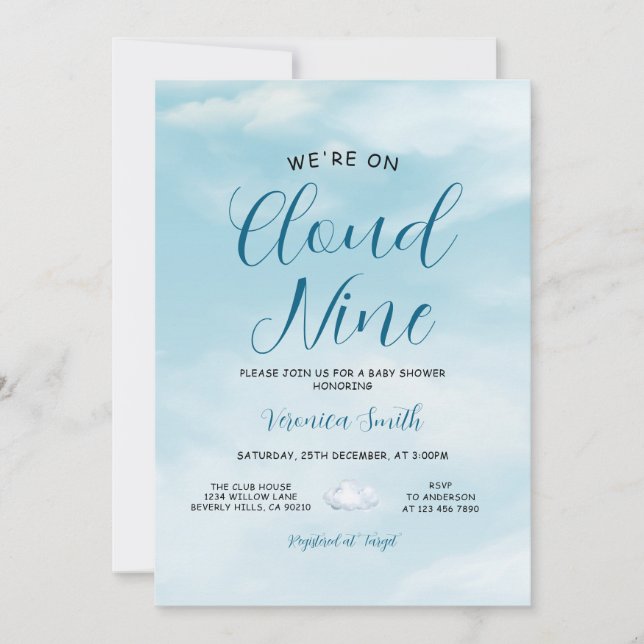 Elegant Blue Sky Cloud Nine Baby Shower Theme Invitation (Front)