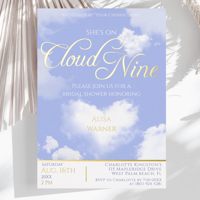 Elegant Blue Sky Cloud Nine Bridal Shower Gold (She's on Cloud 9 Elegant Bridal Shower Gold Foil Invitation)