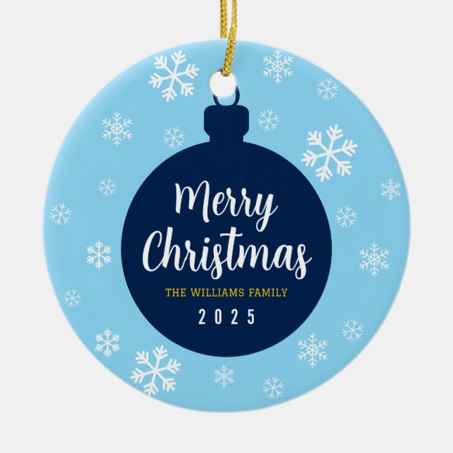 Elegant Blue Snowflake Christmas Family Photo Ceramic Ornament (Front)