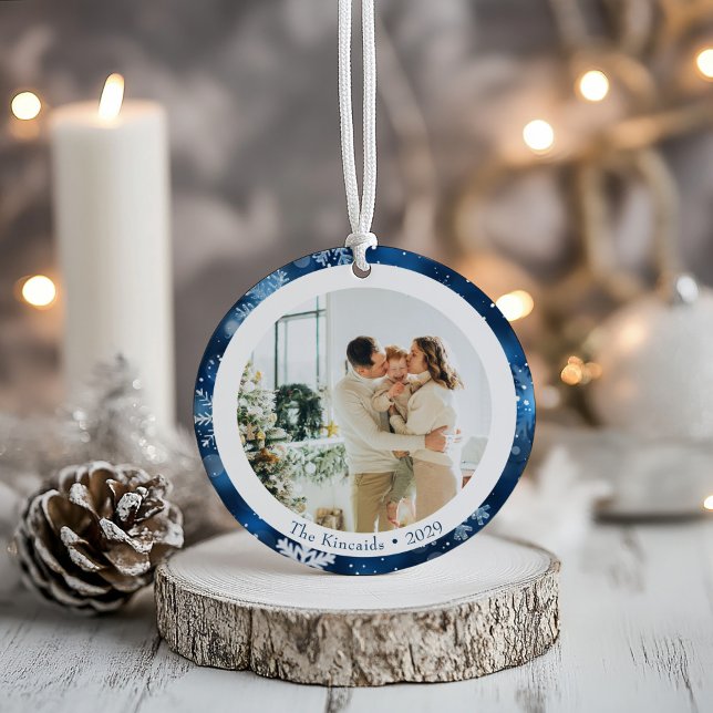 Elegant Blue Snowflake Double Side Christmas Photo Ceramic Ornament (Creator Uploaded)