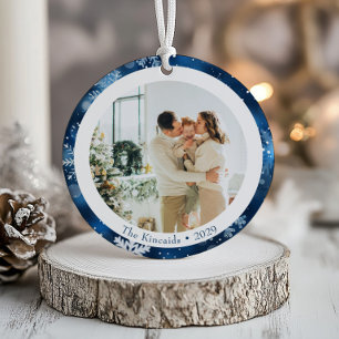 Elegant Blue Snowflake Double Side Christmas Photo Ceramic Ornament