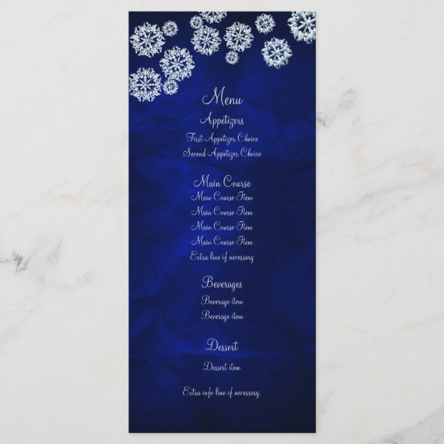 Elégant Blue Snowflake Menu de mariage d'hiver (Devant)