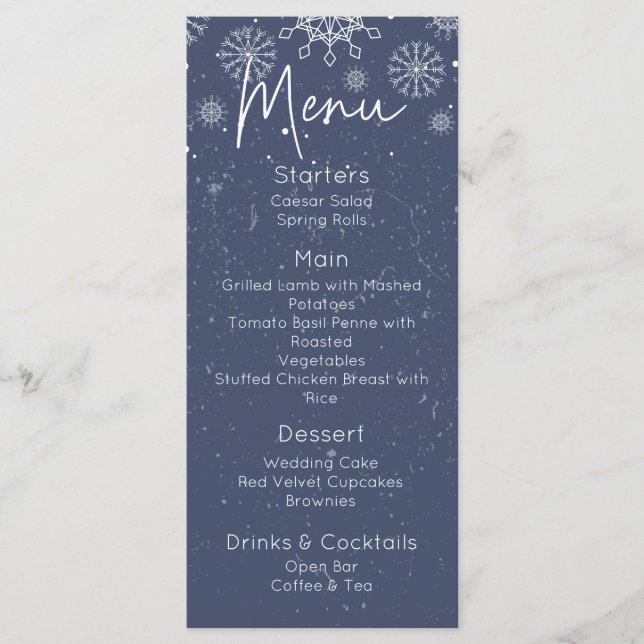 Elegant Blue Snowflake Winter Themed Wedding Menu (Front)