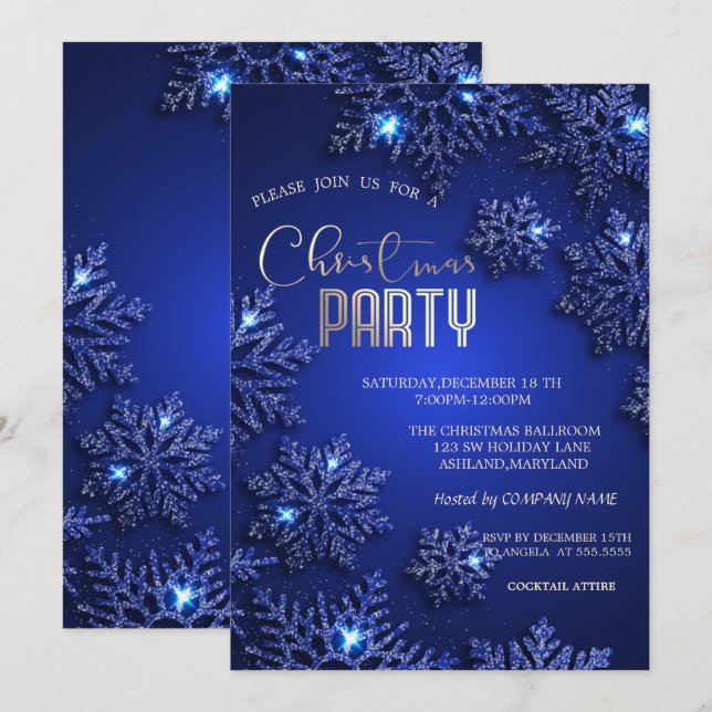 Elegant Blue Snowflakes Christmas Company Invitation (Front/Back)