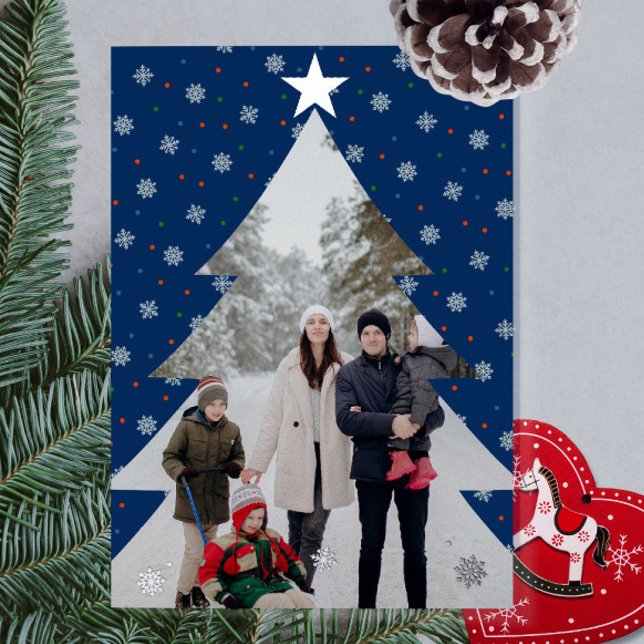 Elegant blue snowflakes christmas tree photo foil holiday card (Elegant blue custom photo Christmas card with snowflakes)