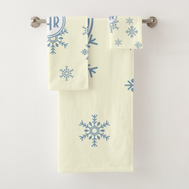 Elegant Blue Snowflakes in White Background Bath Towel Set (Insitu)