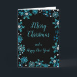 Elegant Blue Snowflakes Merry Christmas Holiday Card<br><div class="desc">A beautiful Christmas card design featuring elegant turquoise blue snowflakes on a black background. Inside there is a space for a message. A perfect way to greet your friends and relatives in this festive season. The page background colours and the text can be changed to suit your own requirements. Graphics...</div>