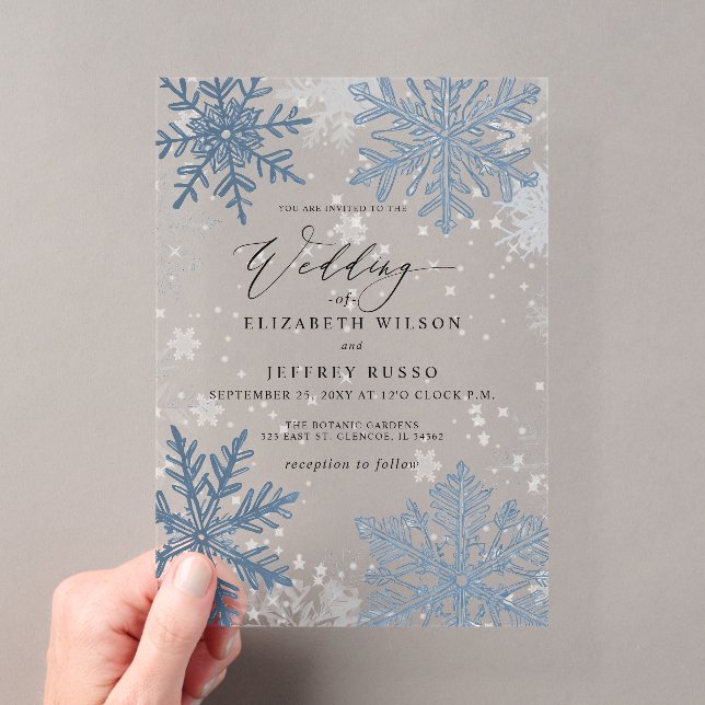 Elegant Blue snowflakes Winter Wedding Acrylic Invitations (Insitu (Handheld))