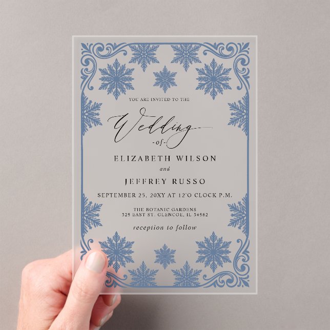 Elegant Blue snowflakes Winter Wedding Acrylic Invitations (Insitu (Handheld))