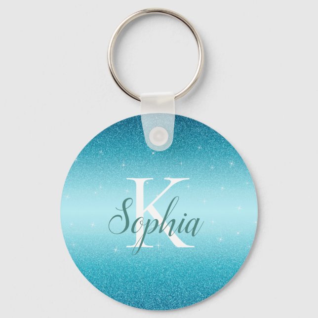 Elegant Blue Sparkle Glitter Button Keychain (Front)