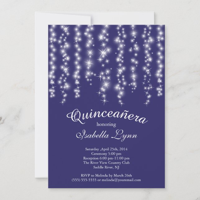 Elegant Blue Sparkling Lights Quinceañera Party Invitation (Front)