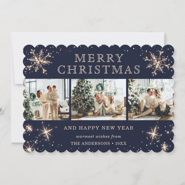 Elegant Blue Sparkly Snowflake 3 Photo Collage Holiday Card (Front)