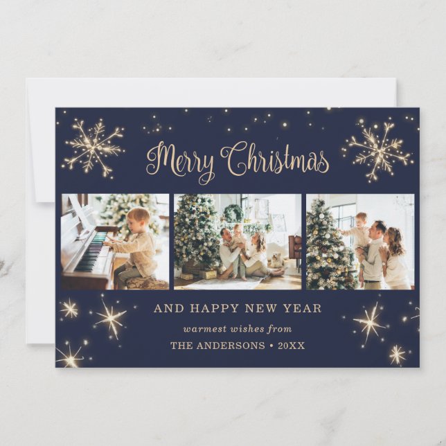 Elegant Blue Sparkly Snowflake Photo Christmas Holiday Card (Front)