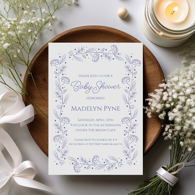 Elegant Blue Spring Floral Vines Baby Shower Invitation (Creator Uploaded)