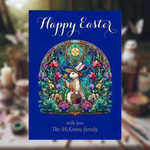 Elegant Blue Stained Glass Bunny Gardener Easter Foil Holiday Card