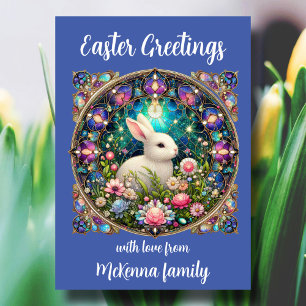 Elegant Blue Stained Glass Easter Bunny Christian  Holiday Card